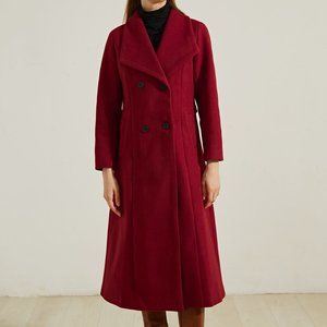 WIDE LAPEL WOOL DOUBLE-BREASTED FLARE LONGLINE COAT IN RED